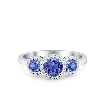 Three Stone Halo Simulated Tanzanite CZ Wedding Engagement Promise Ring 925 Sterling Silver